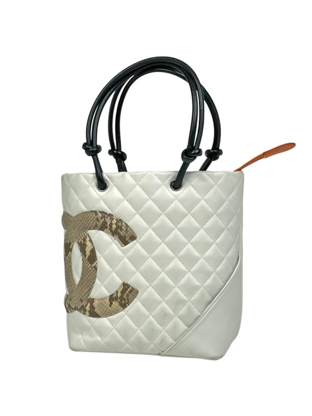 Chanel Cambon Line Tote CC Logo Handbag Leather White